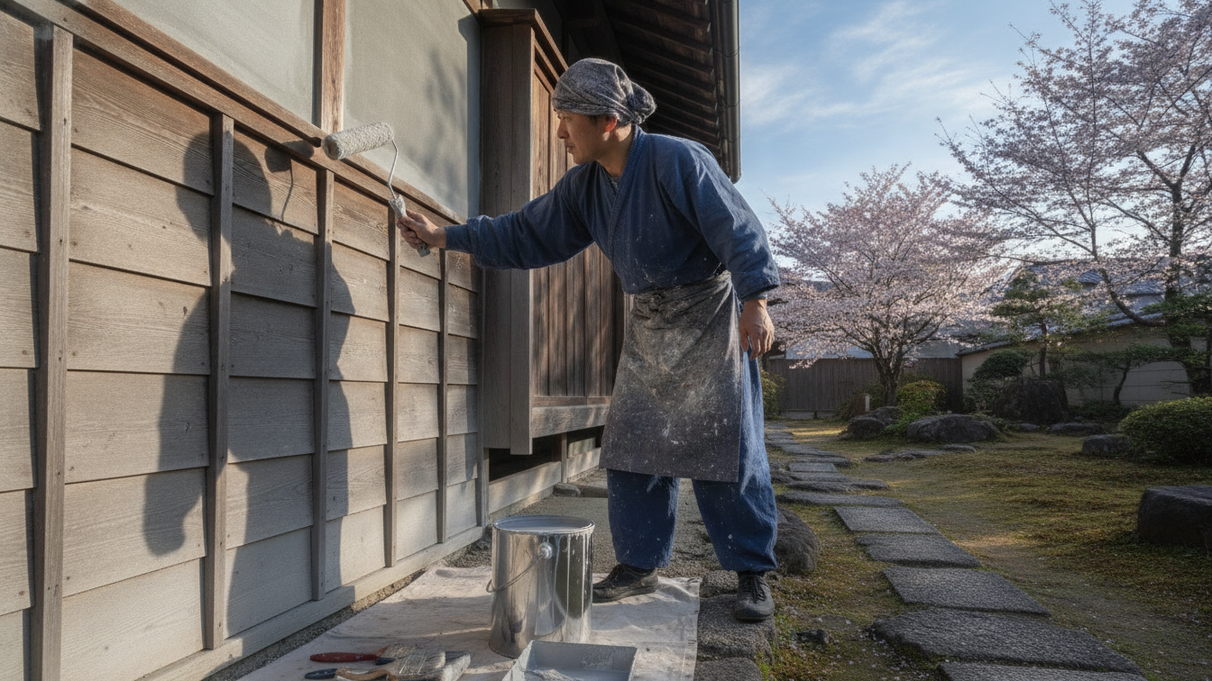 外壁塗装に使用する塗料を準備する作業者