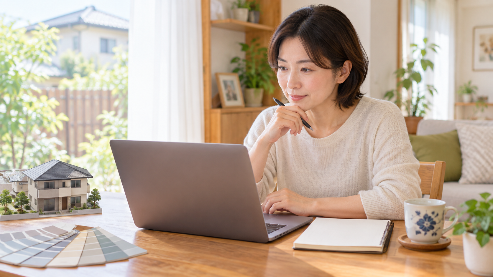 外壁塗装の制度を自宅で調べる様子