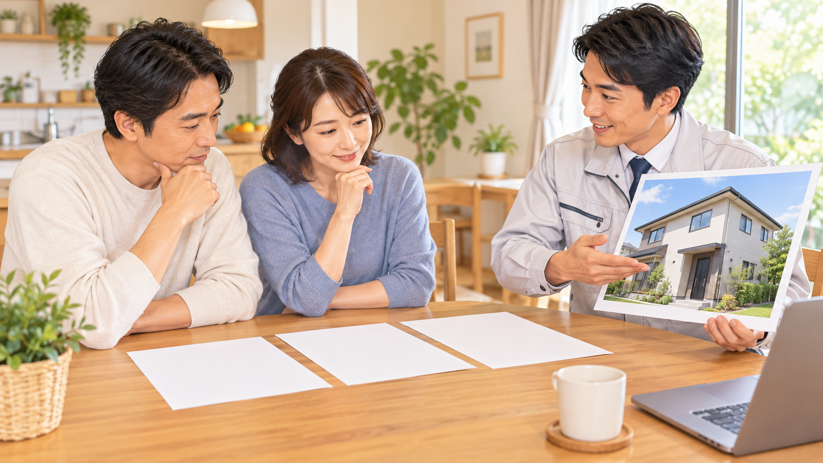 外壁塗装の見積条件を比較する様子 外壁塗装の見積条件を家族と施工担当者が比較する様子