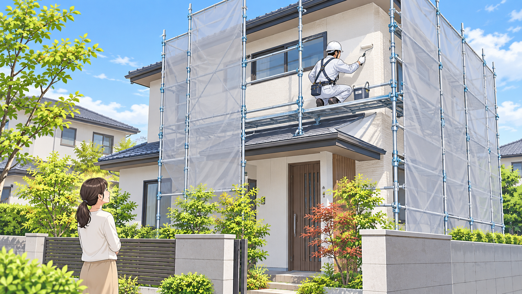 足場を設置した住宅の外壁工事 足場を設置した住宅で外壁を塗装する職人