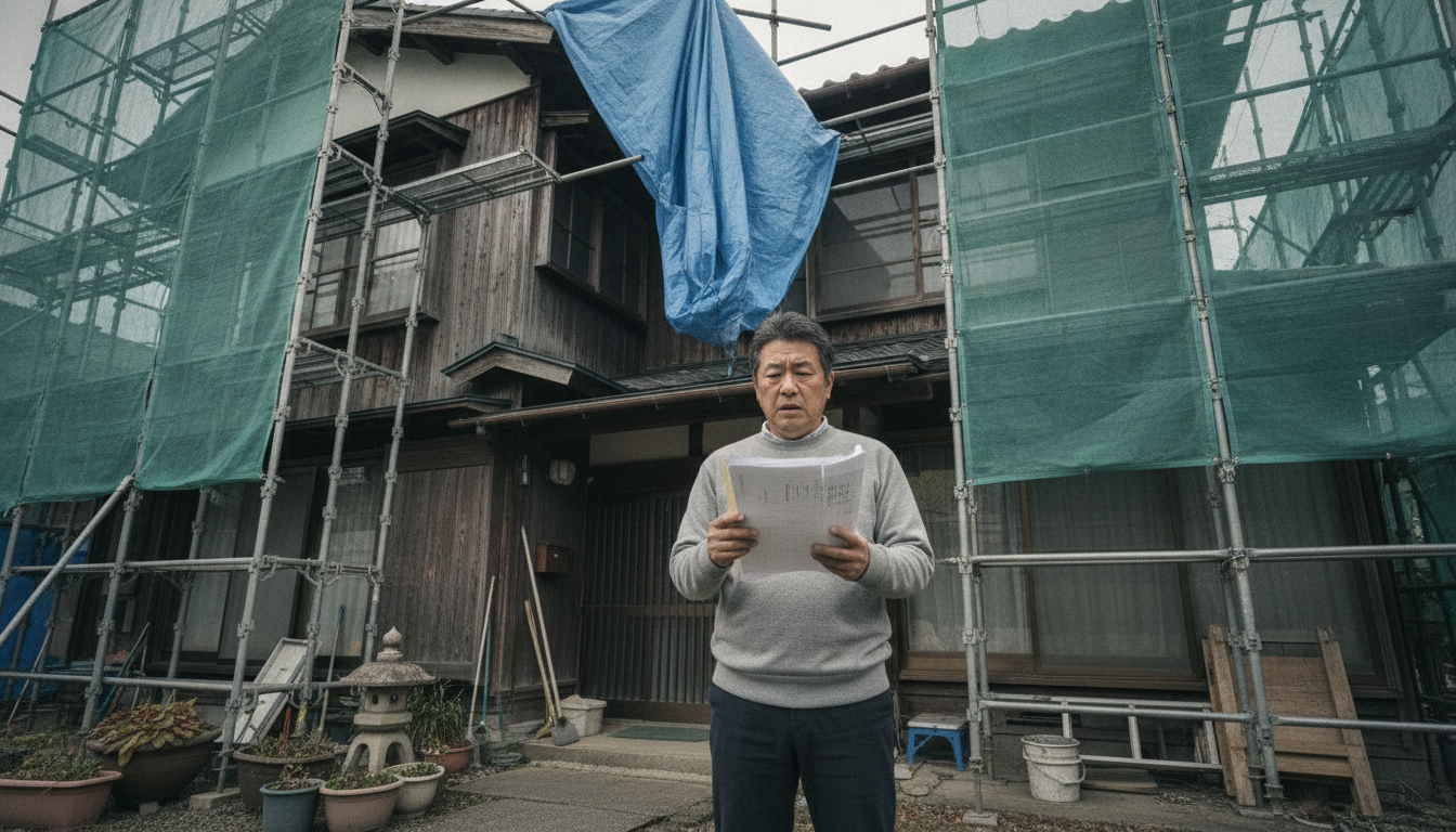 外壁工事の見積書を確認する住宅所有者