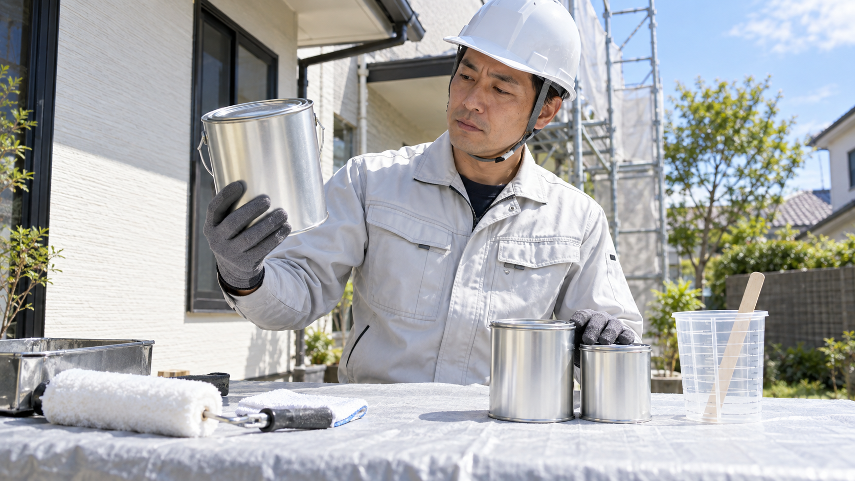 1液形と2液形の塗料容器と混合用具を確認する住宅専門職