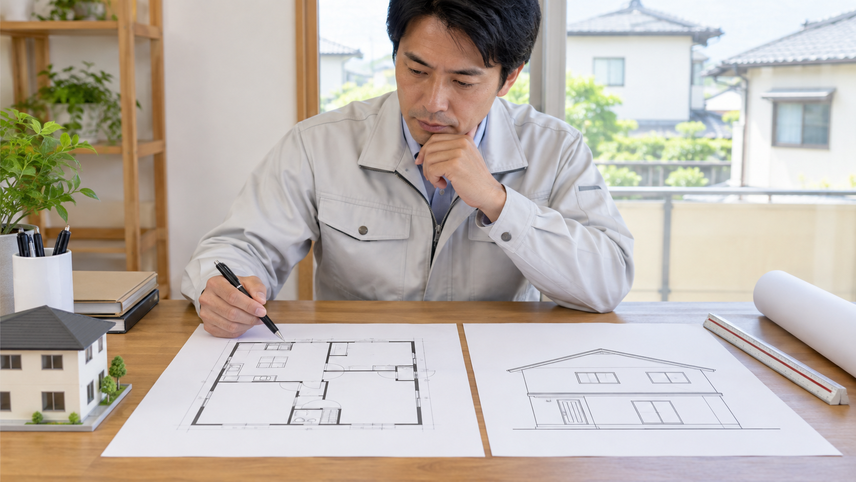 住宅の図面と外壁の立面を照合する様子