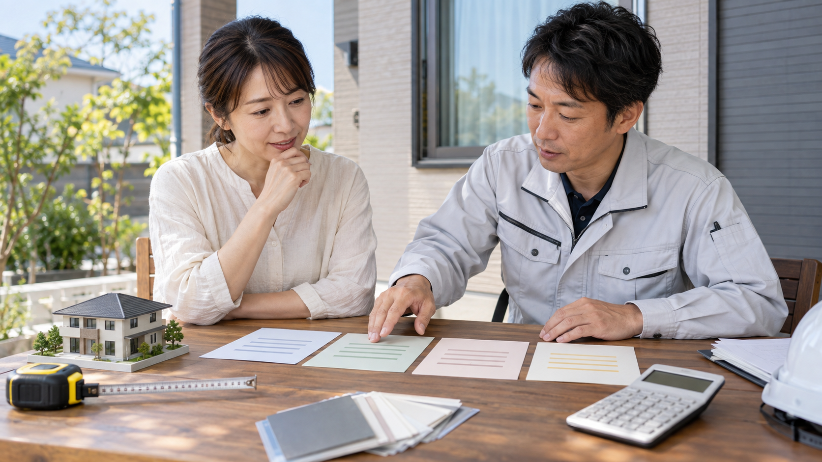 小規模な外壁塗装の固定的な作業と面積費用を整理する様子