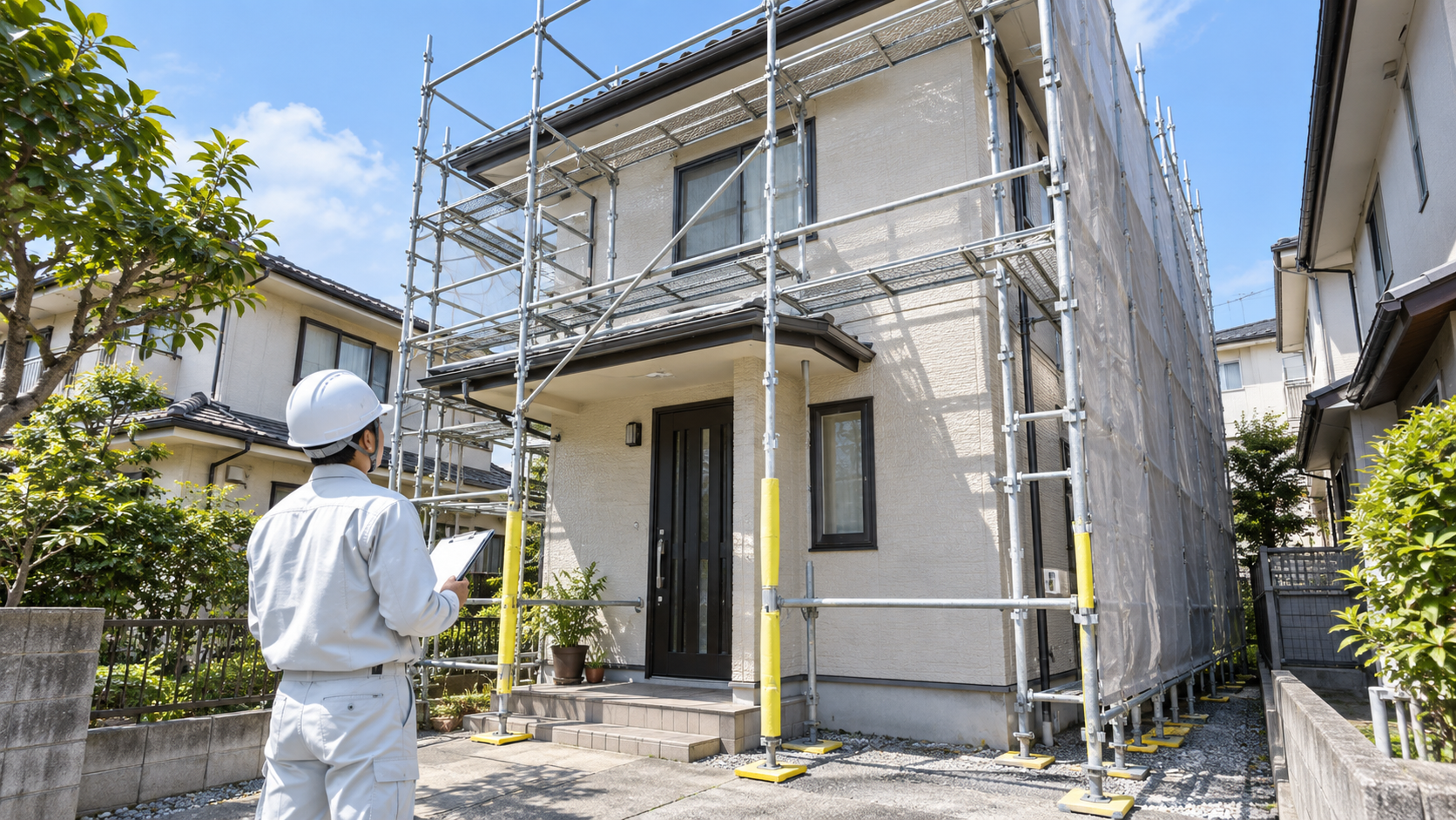 小規模な2階建て住宅の足場と高所作業条件を確認する現場