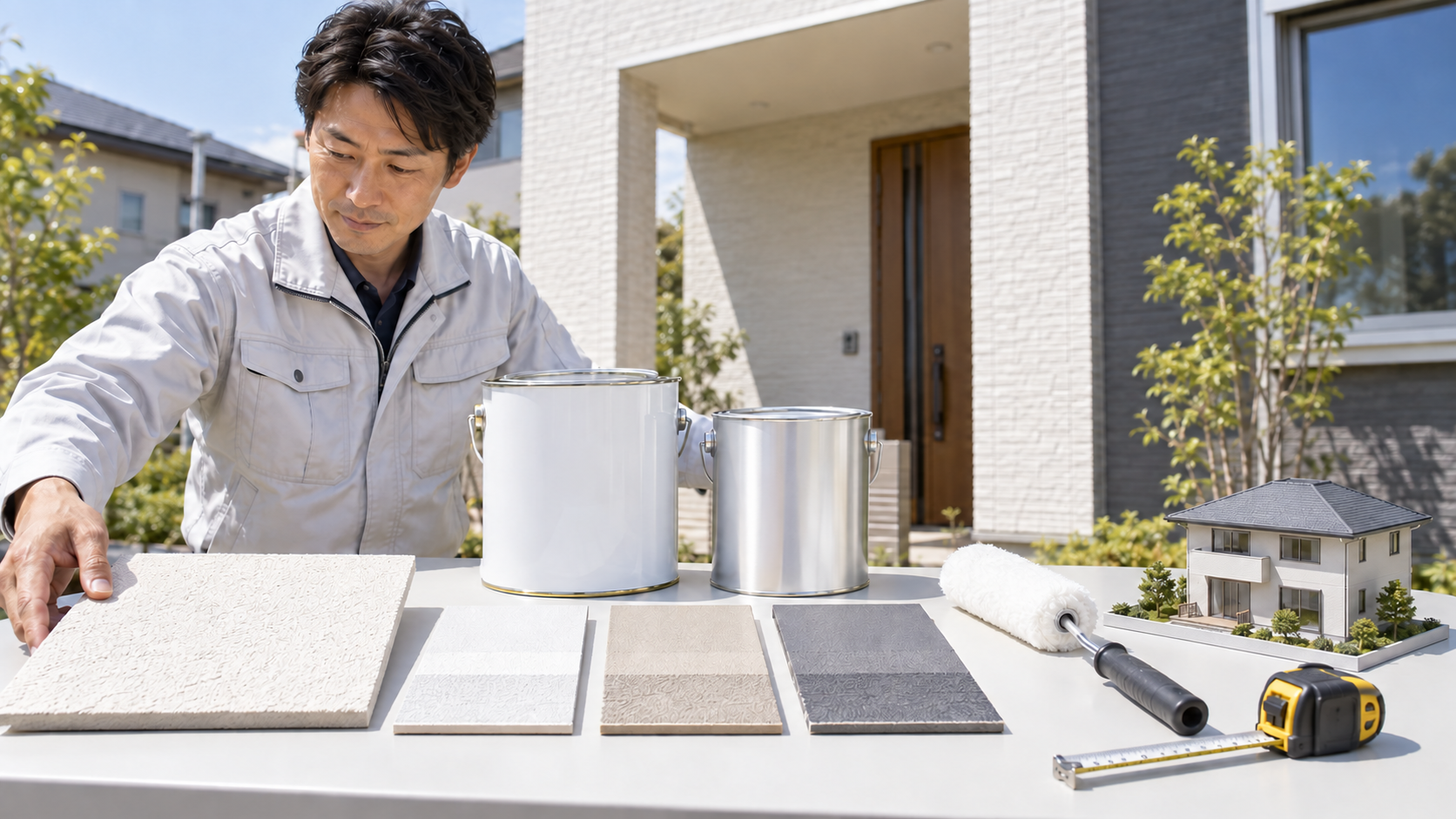 5,040円の製品・下塗り・面積条件を確認する シリコン塗装の製品と下塗りと仕上げと施工面積を照合する様子