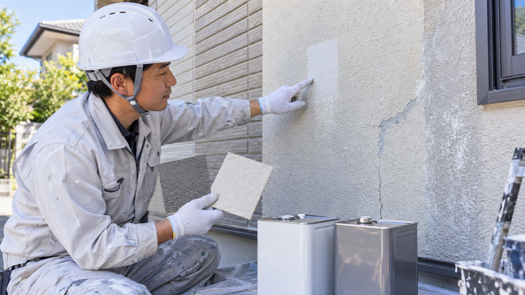 外壁下地に合う下塗り材を確認する 既存外壁の表面状態と下塗り材の組み合わせを確認する住宅専門職