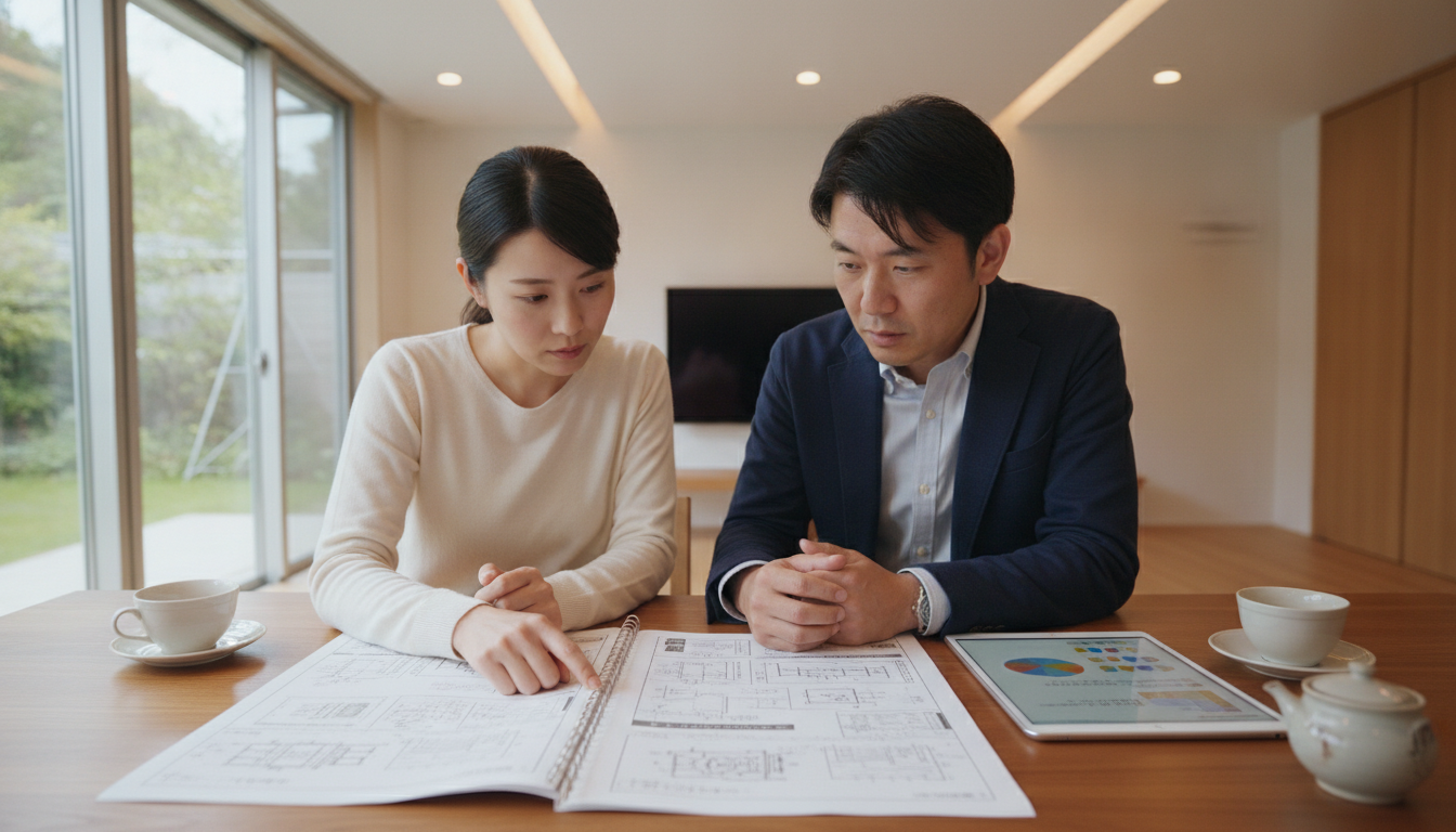 外壁工事の見積書に記載された数量や工法の内訳を真剣に確認する夫婦